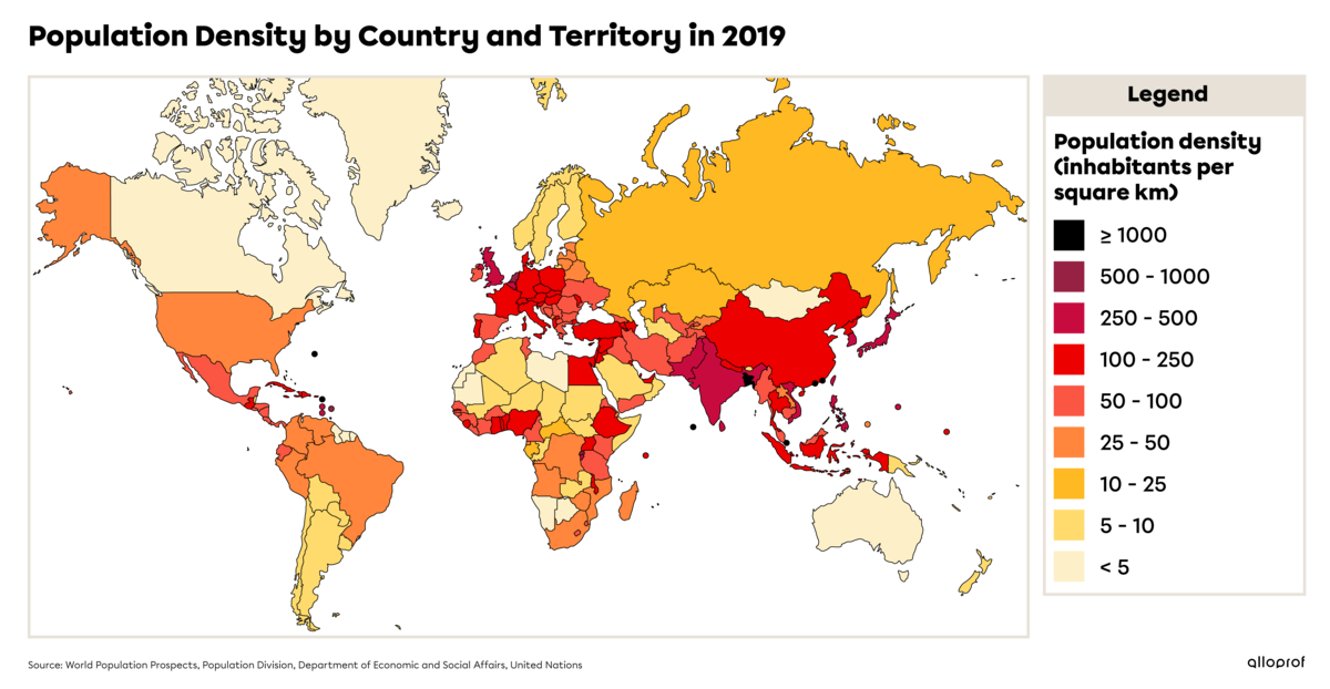 Map of population density by country and territory in 2019.