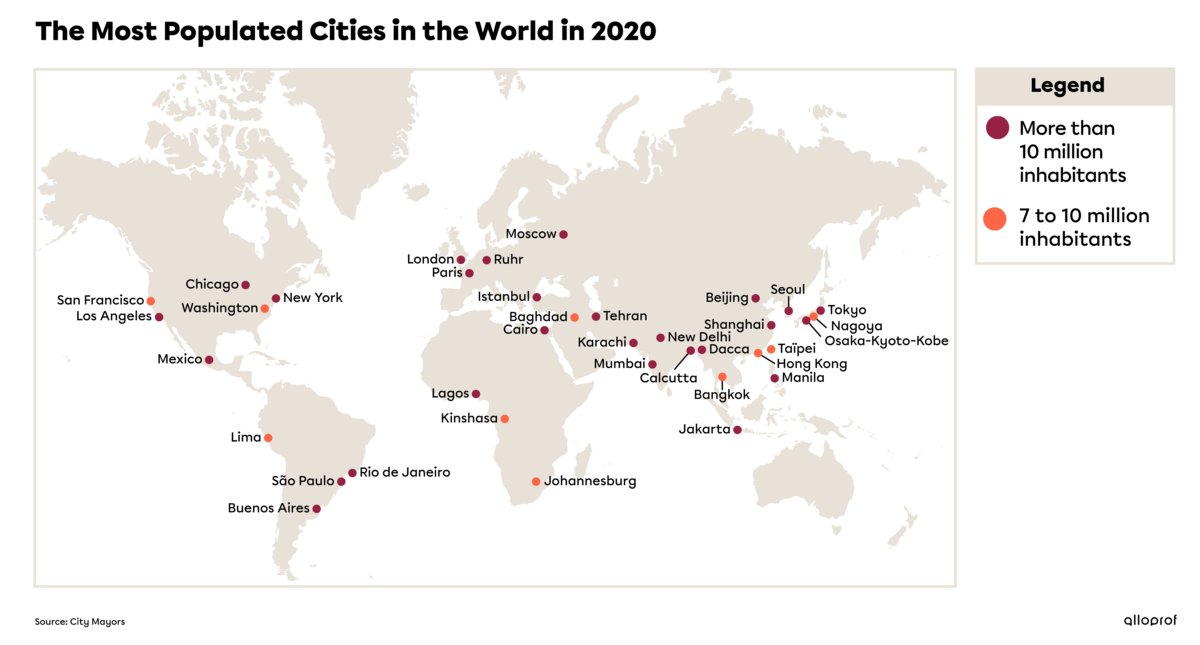Map of the most populated cities in the world in 2020.