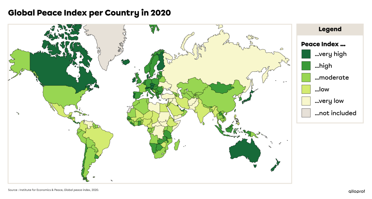 Map showing the Global Peace Index per country in 2020, according to the number and intensity of tensions and conflicts.