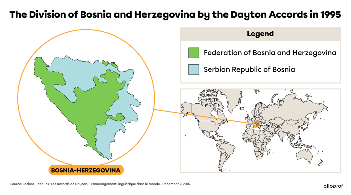 Map showing how Bosnia and Herzegovina were divided by the Dayton Accords in 1995.