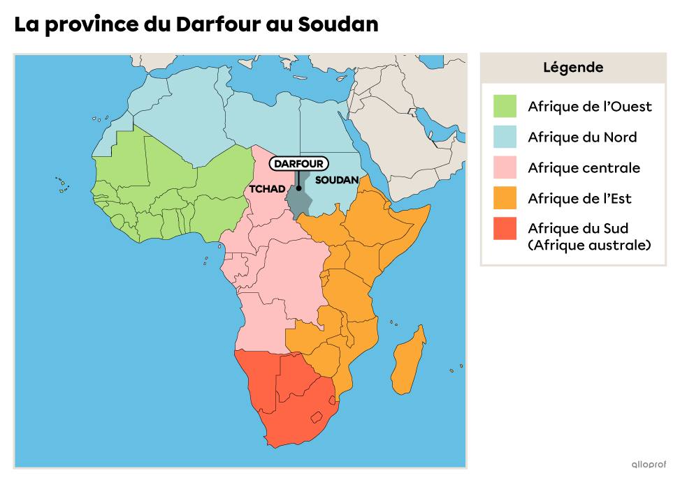 Carte de l'Afrique situant la province du Darfour au Soudan.
