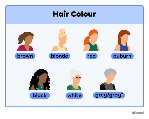 A comparison of 7 characters’ hair colour. There is someone with brown hair, blond hair, red hair, auburn hair, black hair, white hair and grey hair.