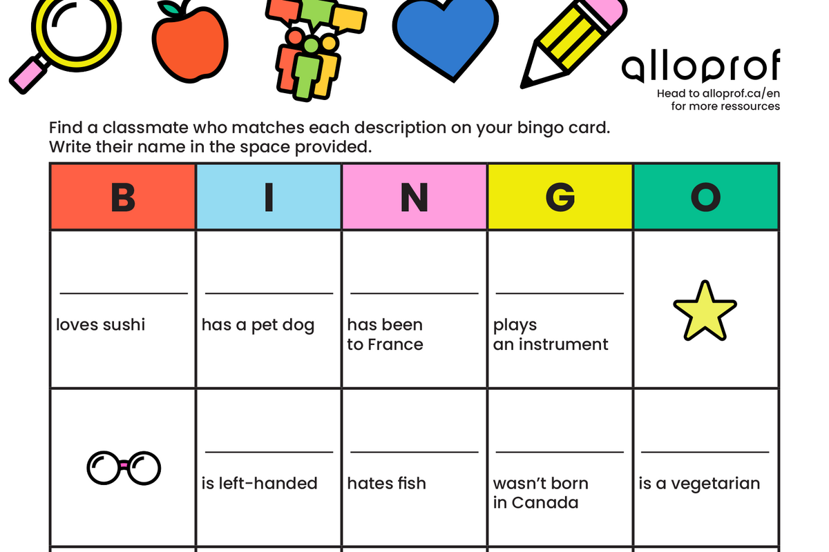 Vignette of back-to-school bingo activity.