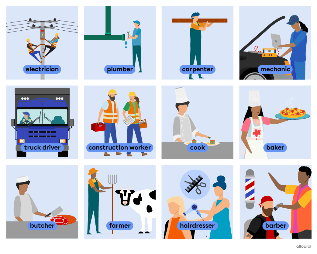 ocabulary list of tradespeople that includes: an electrician, a plumber, a carpenter, a mechanic, a truck driver, a construction worker, a cook, a baker, a butcher, a farmer, a hairdresser and a barber.