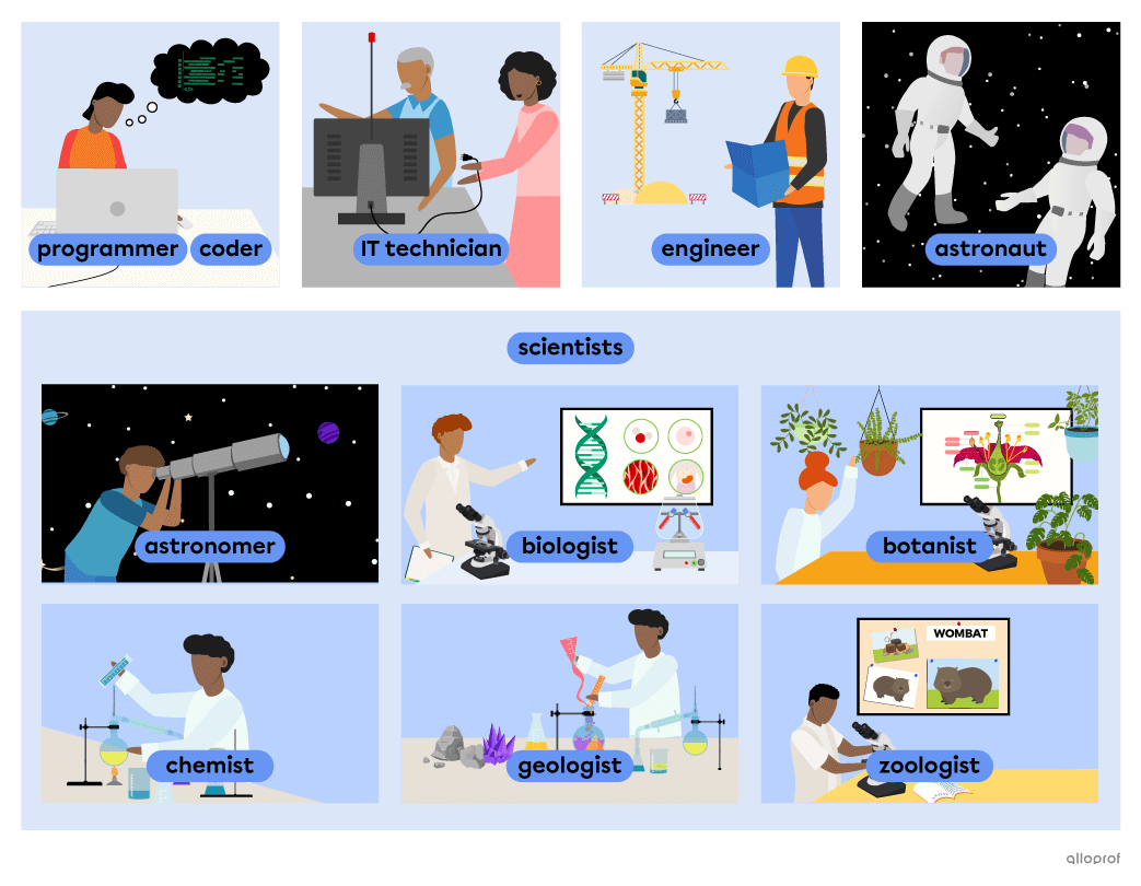 Vocabulary list of people working in science and technology jobs that includes: programmer, coder, IT technician, engineer, astronaut and scientists, such as an astronomer, a biologist, a botanist, a chemist, a geologist and a zoologist.