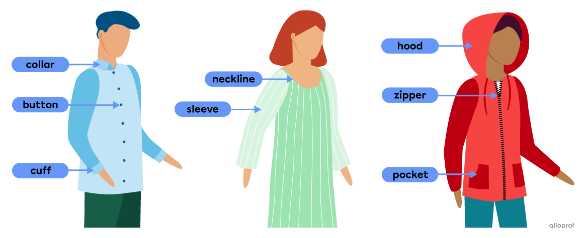 Image showing the clothing parts vocabulary words: collar, button, cuff, neckline, sleeve, hood, zipper and pocket.