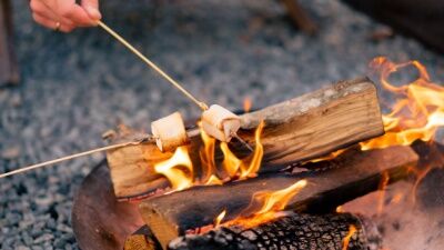 Two marshmallows roast over a campfire.