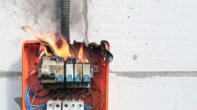 A circuit breaker box on fire.