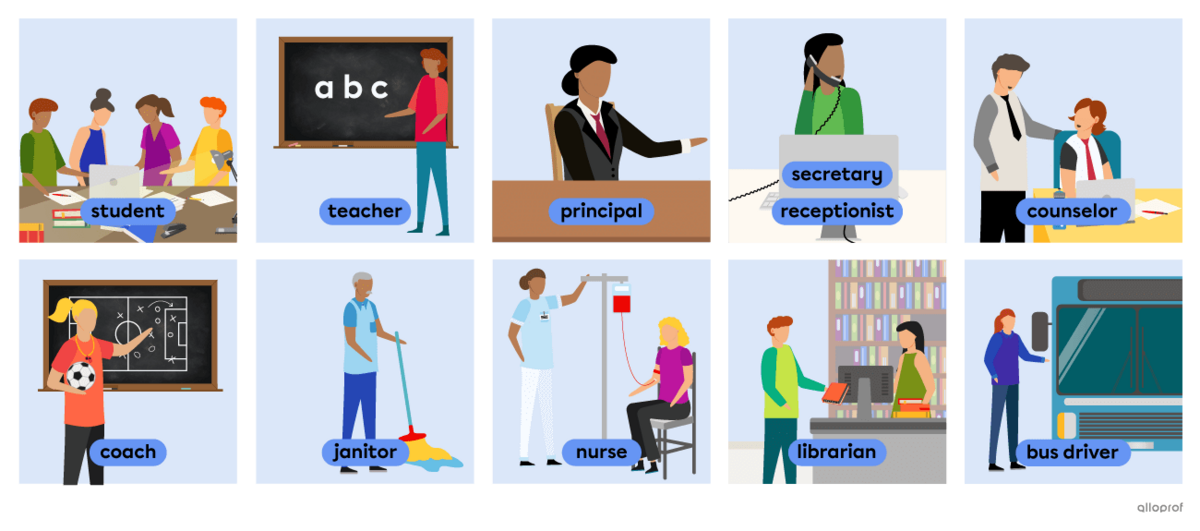 Vocabulary list of people at school that includes: student, teacher, principal, secretary, counsellor, coach, janitor, nurse, librarian and bus driver.