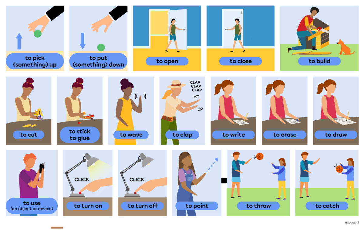 Verbs representing actions performed with the hands. The verbs are to pick (something) up, to put (something) down, to open, to close, to use (an object or device), to turn on, to turn off, to wave, to clap, to point, to write, to erase, to draw, to cut, to stick, to glue, to build, to throw and to catch. Description :