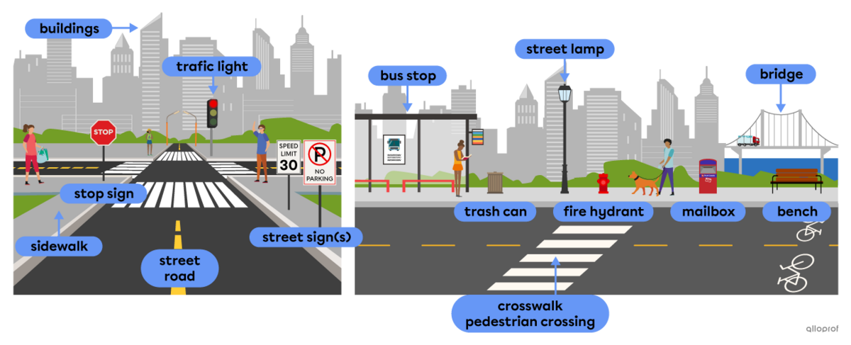A street with features labelled, like the stop sign, the traffic light, the crosswalk and the bus stop.