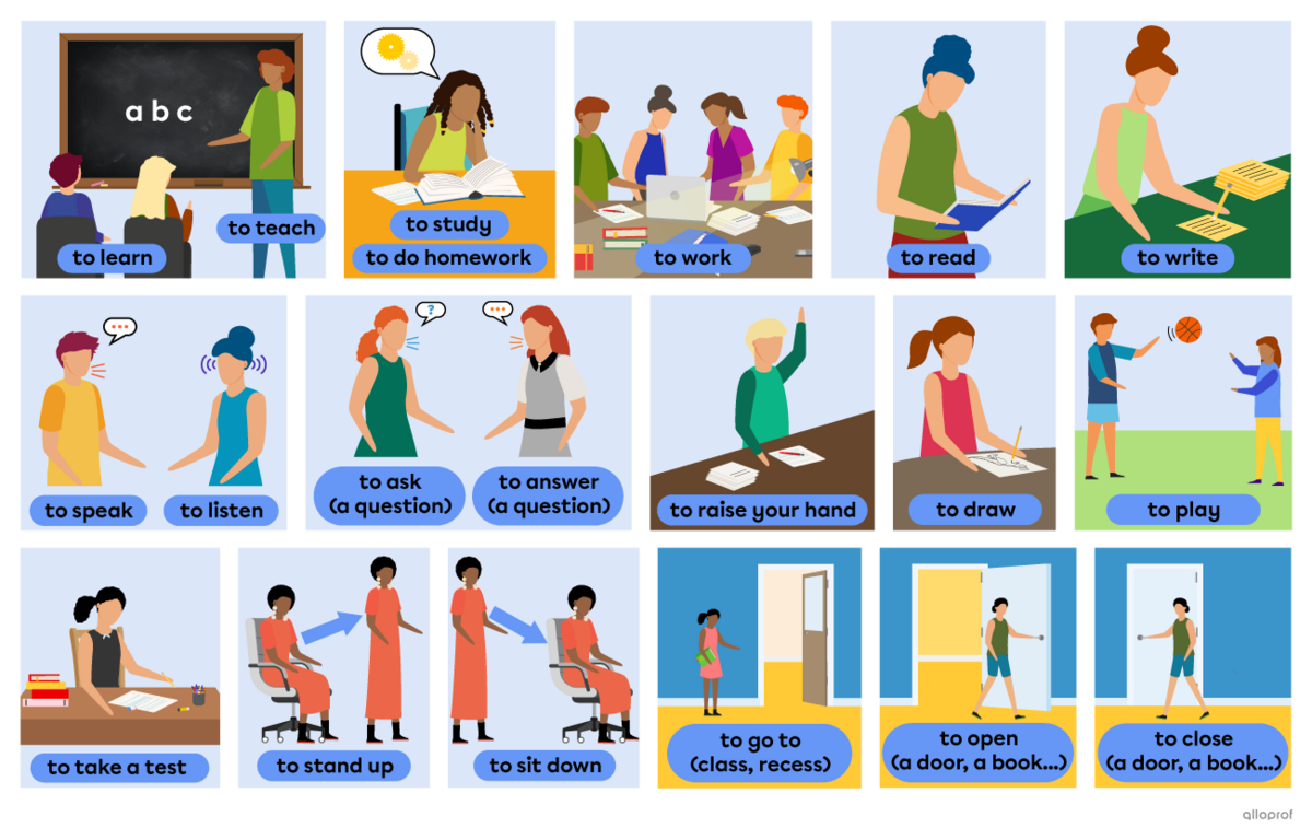 School actions: learn, teach, study, do homework, work, read, write, speak, listen, ask a question, answer a question, raise your hands, draw, play, take a test, stand up, sit down, go to class or recess, open a door or a book, close a door or a book.