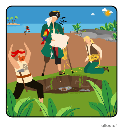 After following a treasure map, a pirate crew finds an empty treasure site.