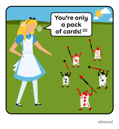 Alice scolds characters that are turning into a deck of cards as she speaks.