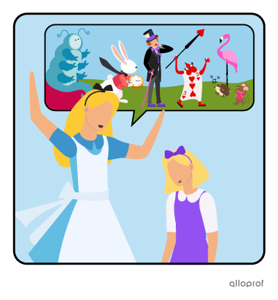 Alice recounts the strange dream she’s just had.  Alice’s sister is standing next to her, not quite understanding what her sister is talking about.