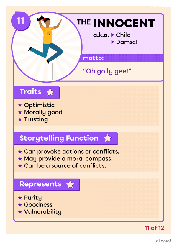 Description of the innocent character archetype. The innocent character archetype is morally good. It represents purity and vulnerability.