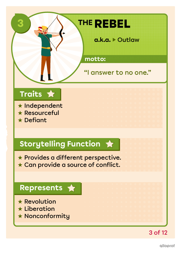 Description of the rebel character archetype. The rebel is independent, provides a different perspective and represents liberation.