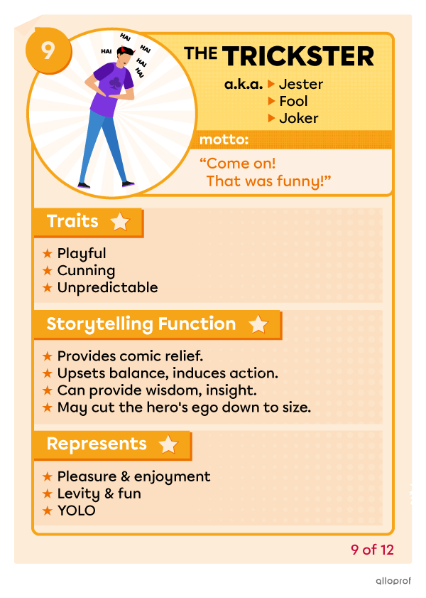 Description of the trickster character archetype. The trickster character archetype is unpredictable, cunning and represents enjoyment.