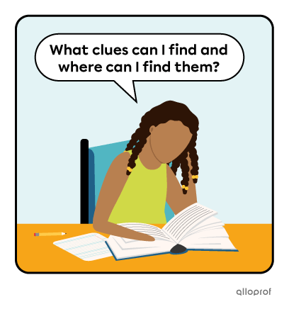 Student looking for clues in a book.