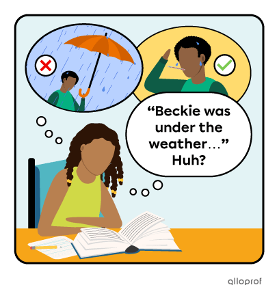 Student in class reading the sentence “Beckie was under the weather” and trying to figure out the figurative meaning by reading between the lines.