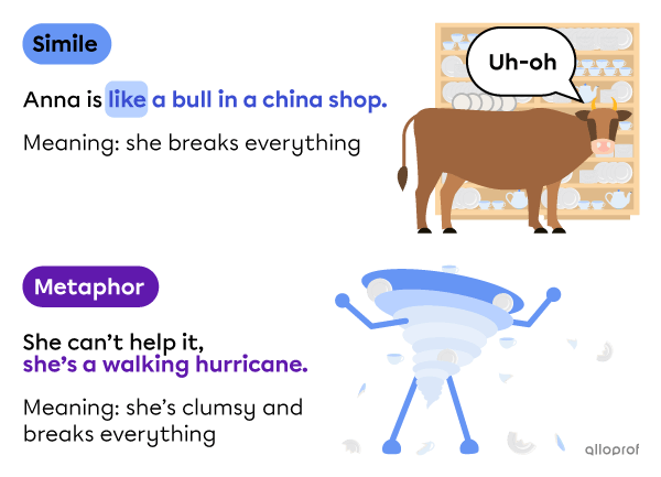 Comparison of a simile and a metaphor. The simile is “Anna is like a bull in a china shop.” It uses the word “like” and it means she breaks everything. The metaphor is “she can’t help it, she’s a walking hurricane,” also meaning she’s clumsy and breaks everything, but doesn't use the word “like.”