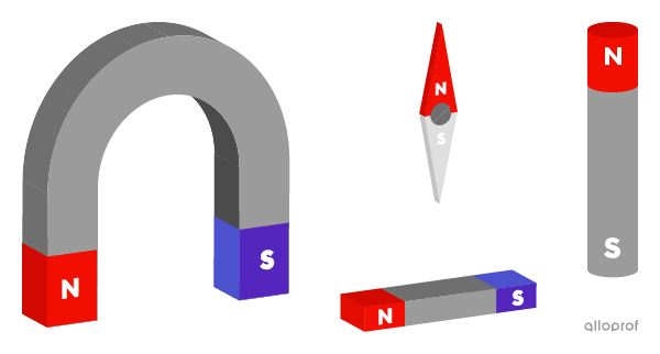 A U-shaped magnet, compass needle, bar magnet, and cylindrical magnet. Each magnet has a north pole identified with the letter N and a south pole identified with the letter S.