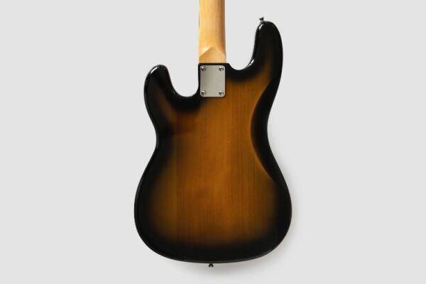 Image of the back of an electric guitar, showing the screws that attach the neck to the body.