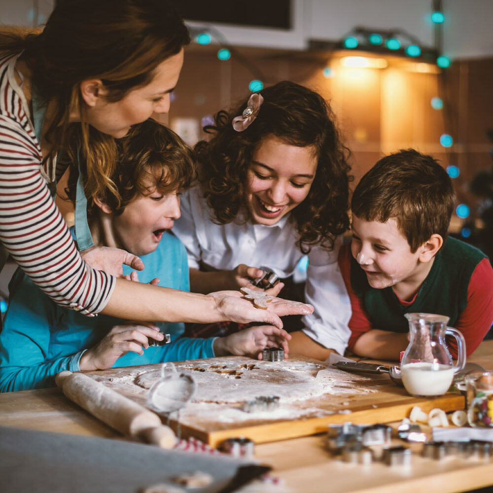 A family baking cookies together.