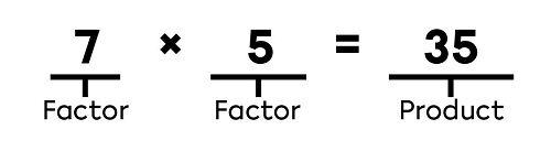 In the multiplication statement 7 times 5 equals 35, 7 and 5 are the factors and 35 is the product.