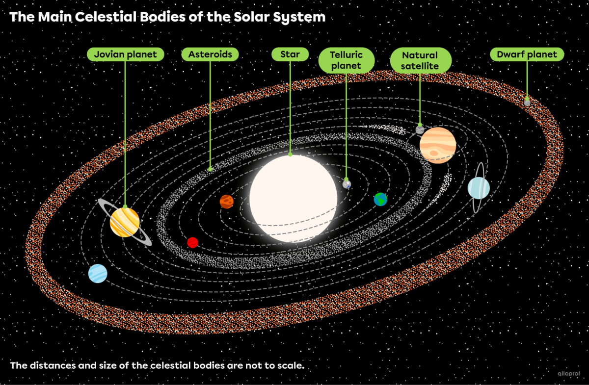 The solar system is made up of the following celestial bodies: a star, telluric (or terrestrial) planets, Jovian planets (or gas giants), natural satellites and other celestial bodies, such as dwarf planets and asteroids.