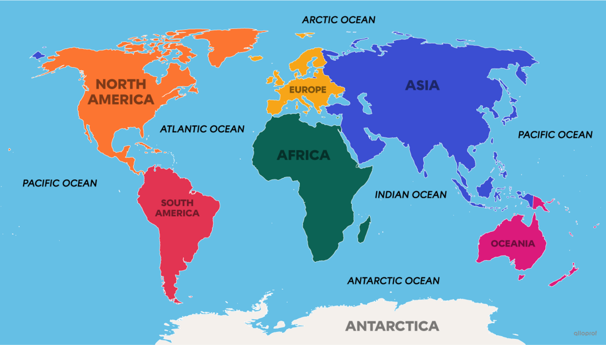 World map with labeled continents and oceans.