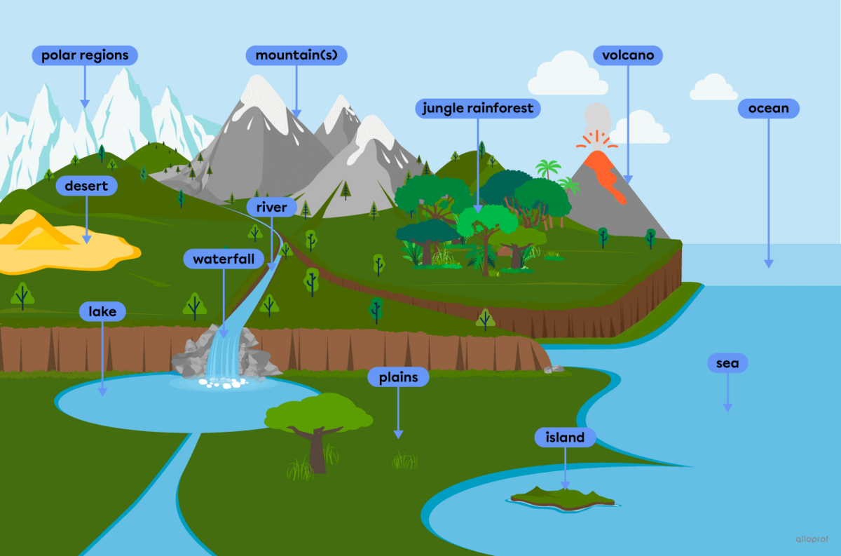 A map showing geographical features like mountains, a lake, a jungle and a desert.