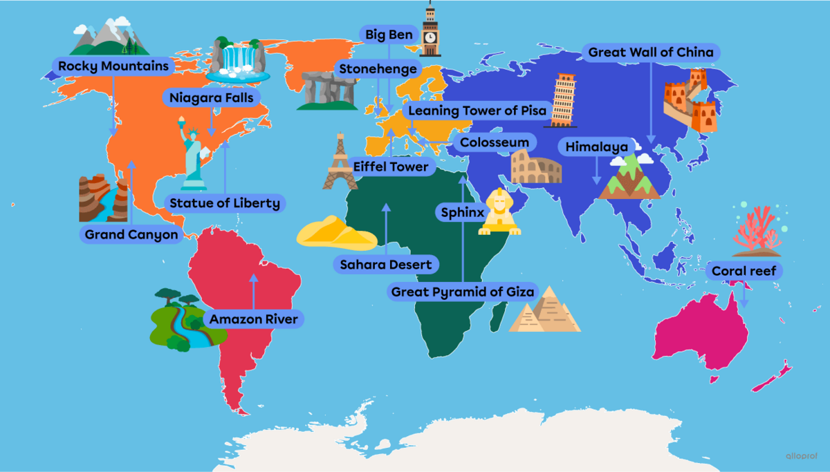 A world map with with labeled landmarks such as the Great Pyramid of Giza, The Amazon River and the Leaning Tower of Pisa.