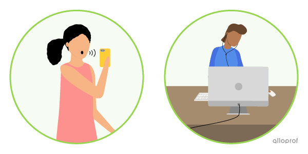 Une adolescente utilise la fonctionnalité de reconnaissance vocale sur son cellulaire. Un adolescent utilise la fonctionnalité de synthèse vocale sur son ordinateur.