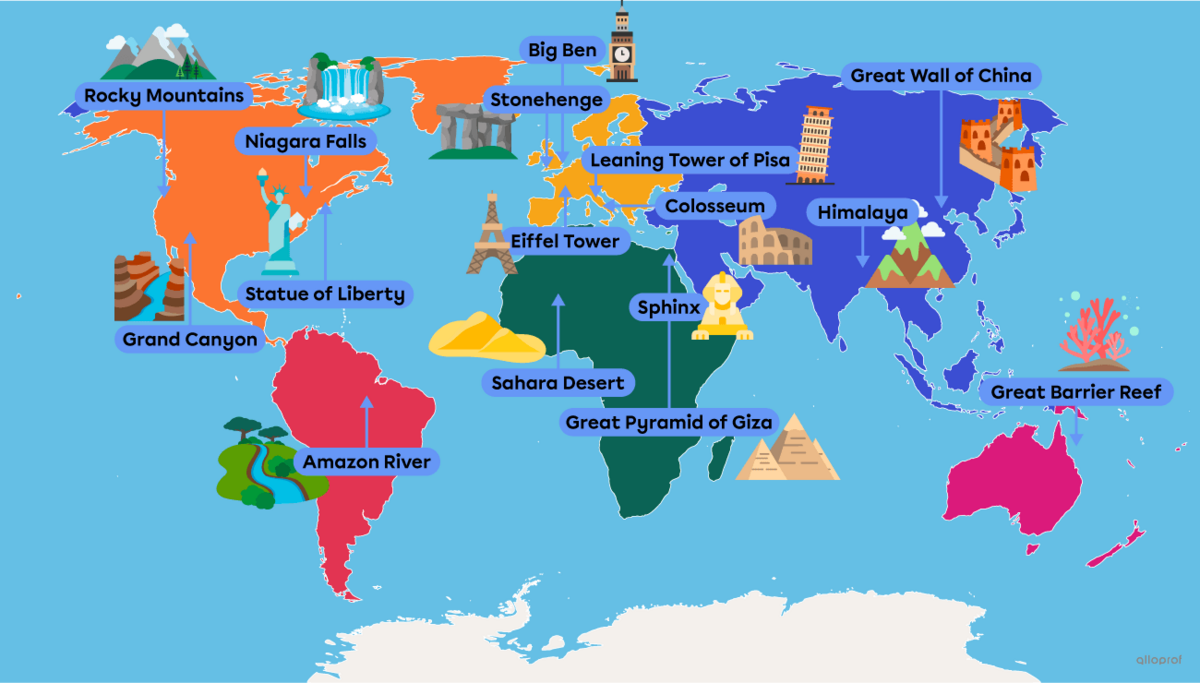 A world map with with labeled landmarks such as the Great Pyramid of Giza, The Amazon River and the Leaning Tower of Pisa.