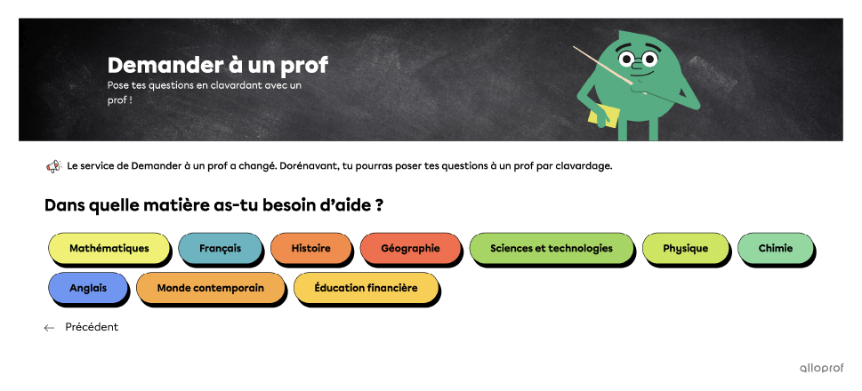 Capture d’écran de l’interface permettant de choisir la matière lorsqu’on utilise le service parler à un prof.