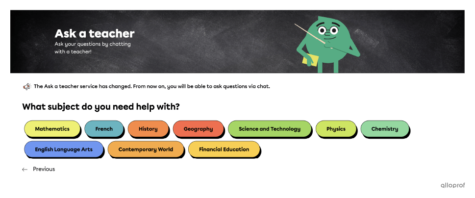 Screenshot of the interface used to select the subject when using the Ask a question service.