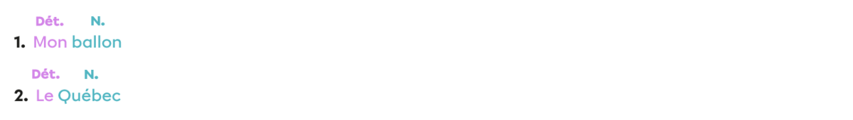 Exemples de déterminants placés devant des noms.