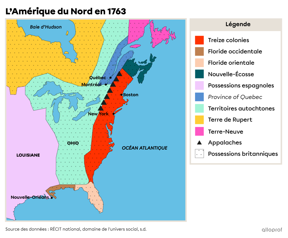 Carte de l’Amérique du Nord en 1763 lors de la Proclamation royale.