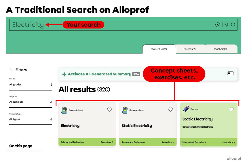 On the Alloprof site, you can enter a keyword in the search bar. The search engine then suggests links to Alloprof concept sheets, videos, and other tools.