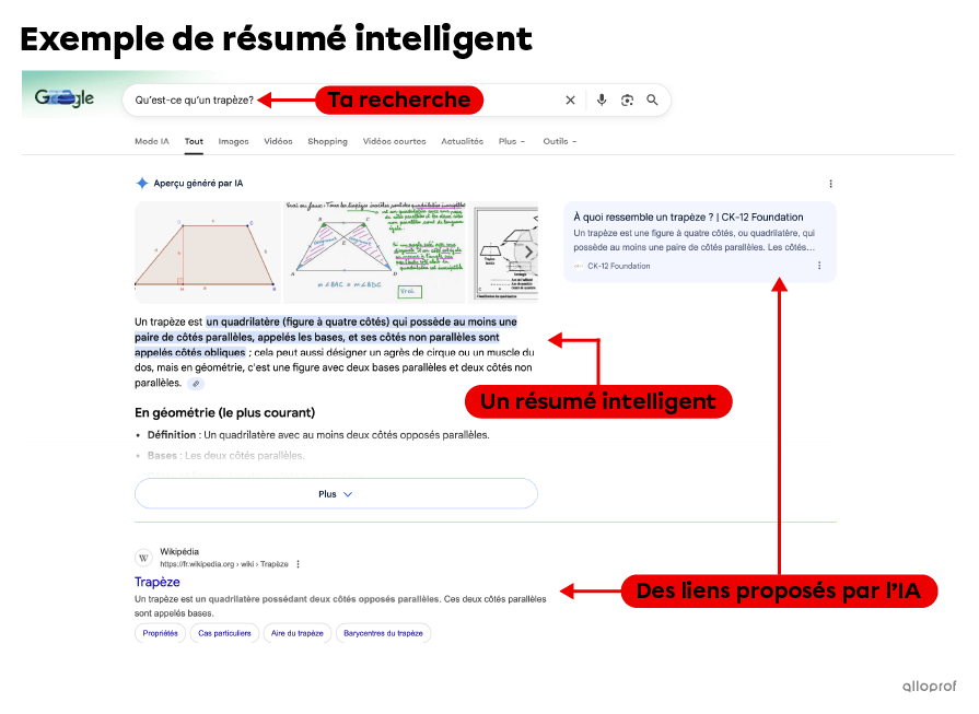 Dans la barre de recherche du site Google, tu peux écrire des mots-clés. Le moteur de recherche te propose alors un résumé intelligent et des liens vers des sites Internet en lien avec ta demande.