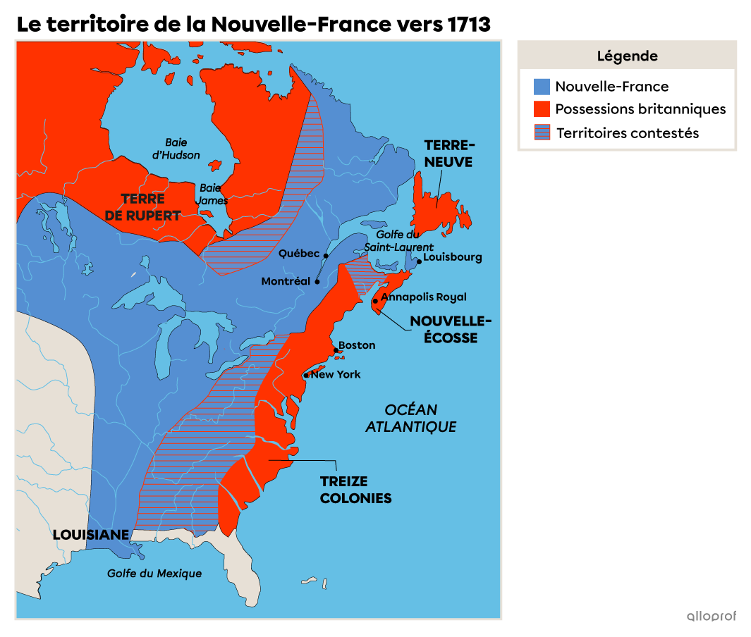 Carte représentant les territoires concédés à la Grande-Bretagne par la France avec le traité d’Utrecht de 1713.