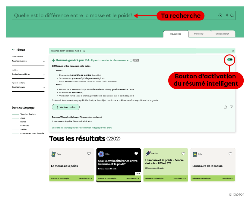 Dans la barre de recherche, tu peux taper ta question. Lorsque ta recherche est lancée, un résumé intelligent apparait, suivi des autres résultats de recherche. Le résumé intelligent d’Alloprof est activé par défaut. Tu peux le désactiver en cliquant sur le bouton d’activation.