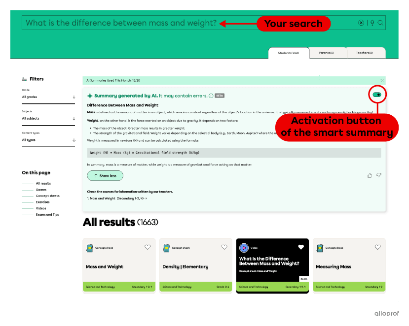 When you launch your search, a smart summary appears, followed by the other search results. Alloprof's smart summary is enabled by default. You can disable it by clicking the activation button.