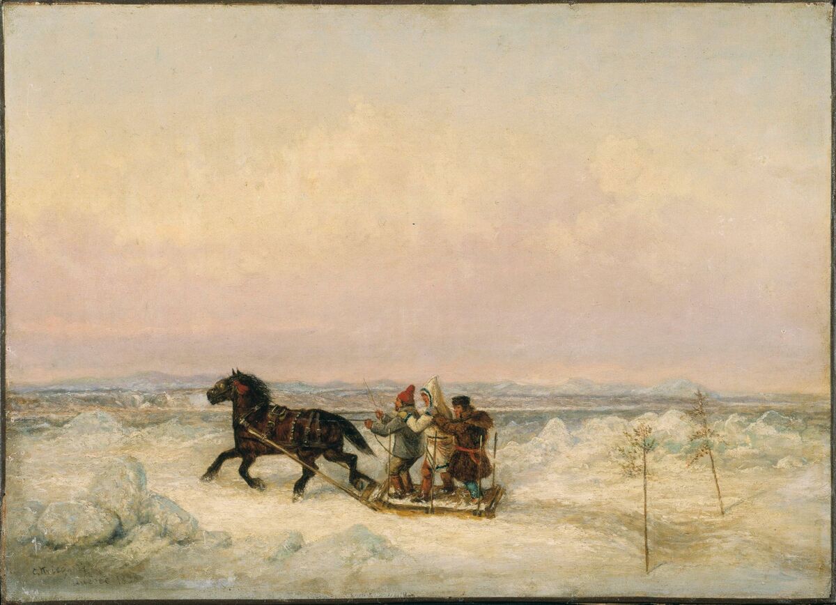 A group of people in a horse-drawn sleigh.