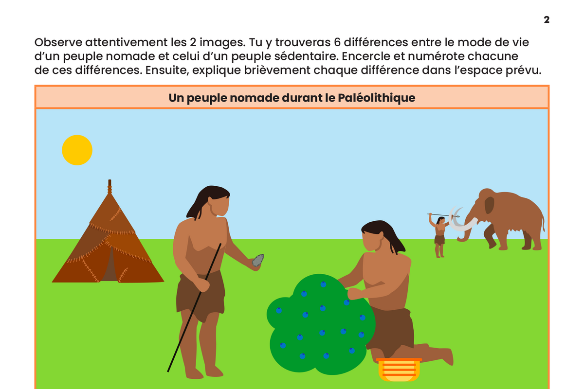 Un extrait de l'activité d'apprentissage des 6 différences de la sédentarisation.