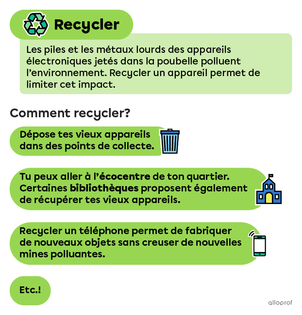 Recycler un appareil permet de limiter la pollution engendrée par les piles et métaux lourds des appareils électroniques.