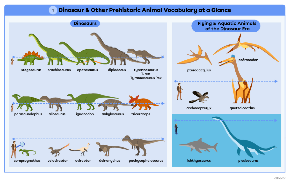 Vocabulary summary, page 1, for dinosaurs, flying and aquatic animals of the dinosaur era.