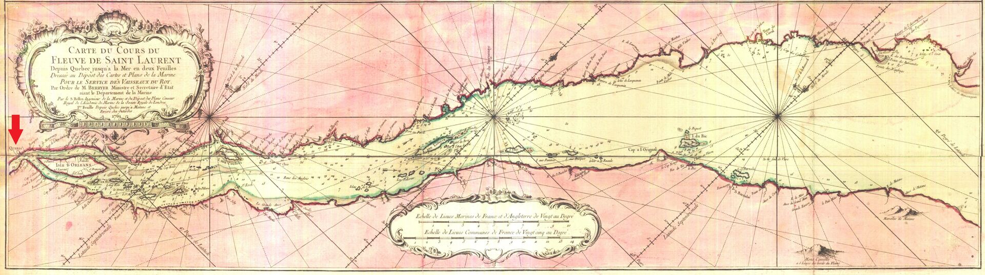 Carte représentant l'emplacement de Québec (flèche rouge), là où le fleuve Saint-Laurent rétrécit.