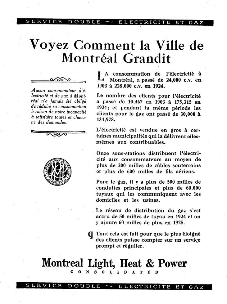 A publication from Montreal Light, Heat & Power, a company created when two companies merged to monopolize the market.
